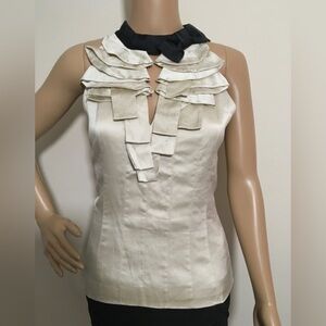 Tristan champagne, ruffled, silky, sleeveless blouse size small.